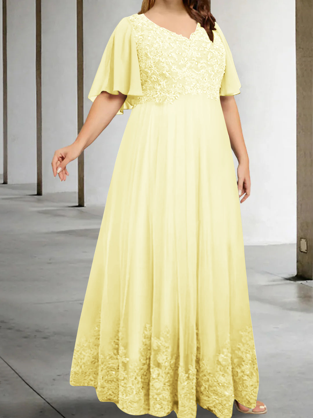 A-Line/Princess V-Neck Half Sleeves Floor-Length Plus Size Mother of the Bride Dresses with Appliques - 이미지 13