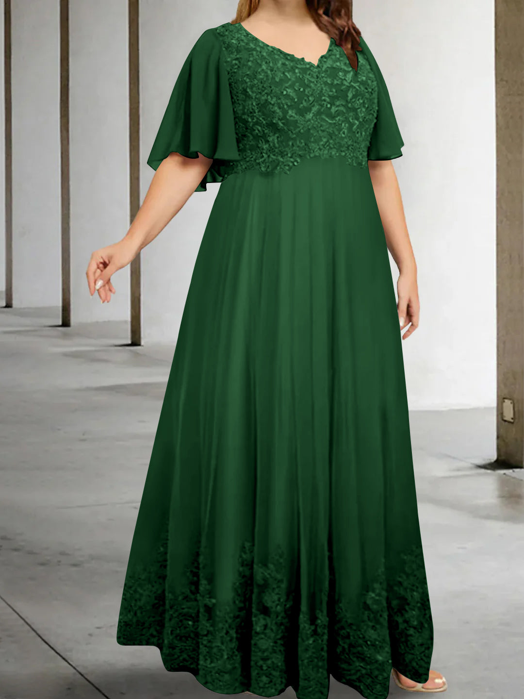 A-Line/Princess V-Neck Half Sleeves Floor-Length Plus Size Mother of the Bride Dresses with Appliques - 이미지 14