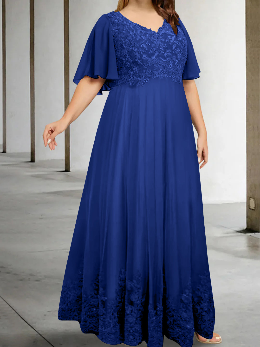 A-Line/Princess V-Neck Half Sleeves Floor-Length Plus Size Mother of the Bride Dresses with Appliques - 이미지 15