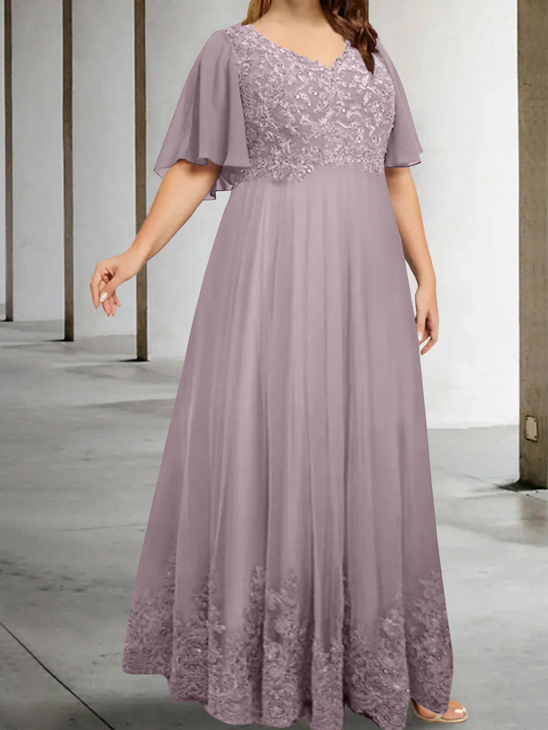 A-Line/Princess V-Neck Half Sleeves Floor-Length Plus Size Mother of the Bride Dresses with Appliques - 이미지 16