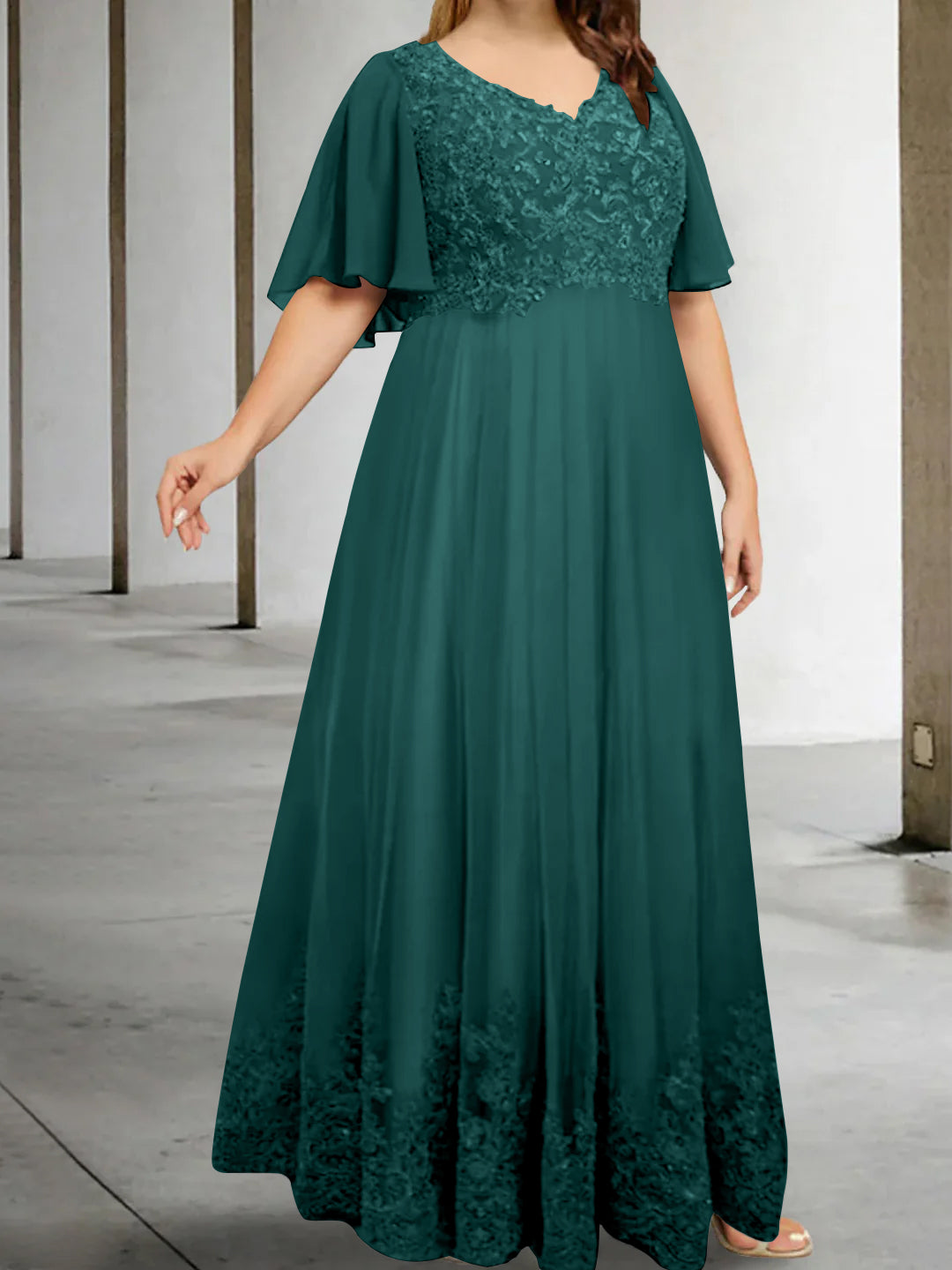 A-Line/Princess V-Neck Half Sleeves Floor-Length Plus Size Mother of the Bride Dresses with Appliques - 이미지 19