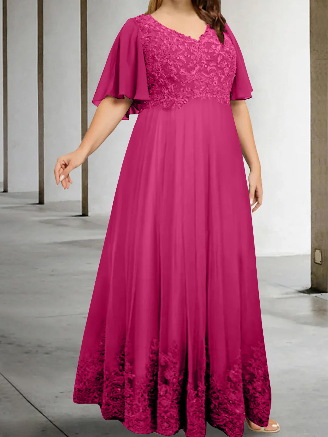 A-Line/Princess V-Neck Half Sleeves Floor-Length Plus Size Mother of the Bride Dresses with Appliques - 이미지 49