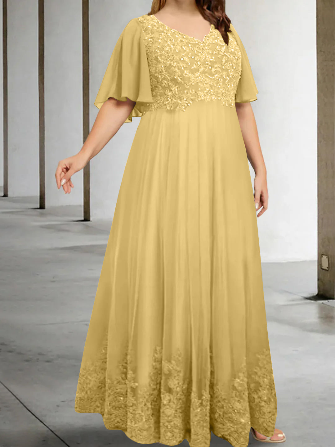 A-Line/Princess V-Neck Half Sleeves Floor-Length Plus Size Mother of the Bride Dresses with Appliques - 이미지 20