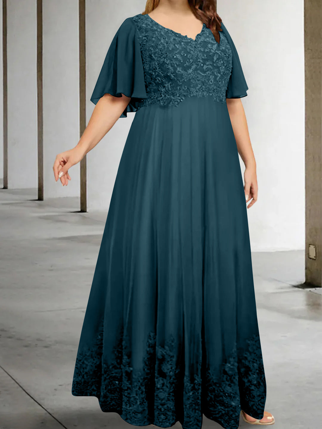 A-Line/Princess V-Neck Half Sleeves Floor-Length Plus Size Mother of the Bride Dresses with Appliques - 이미지 50