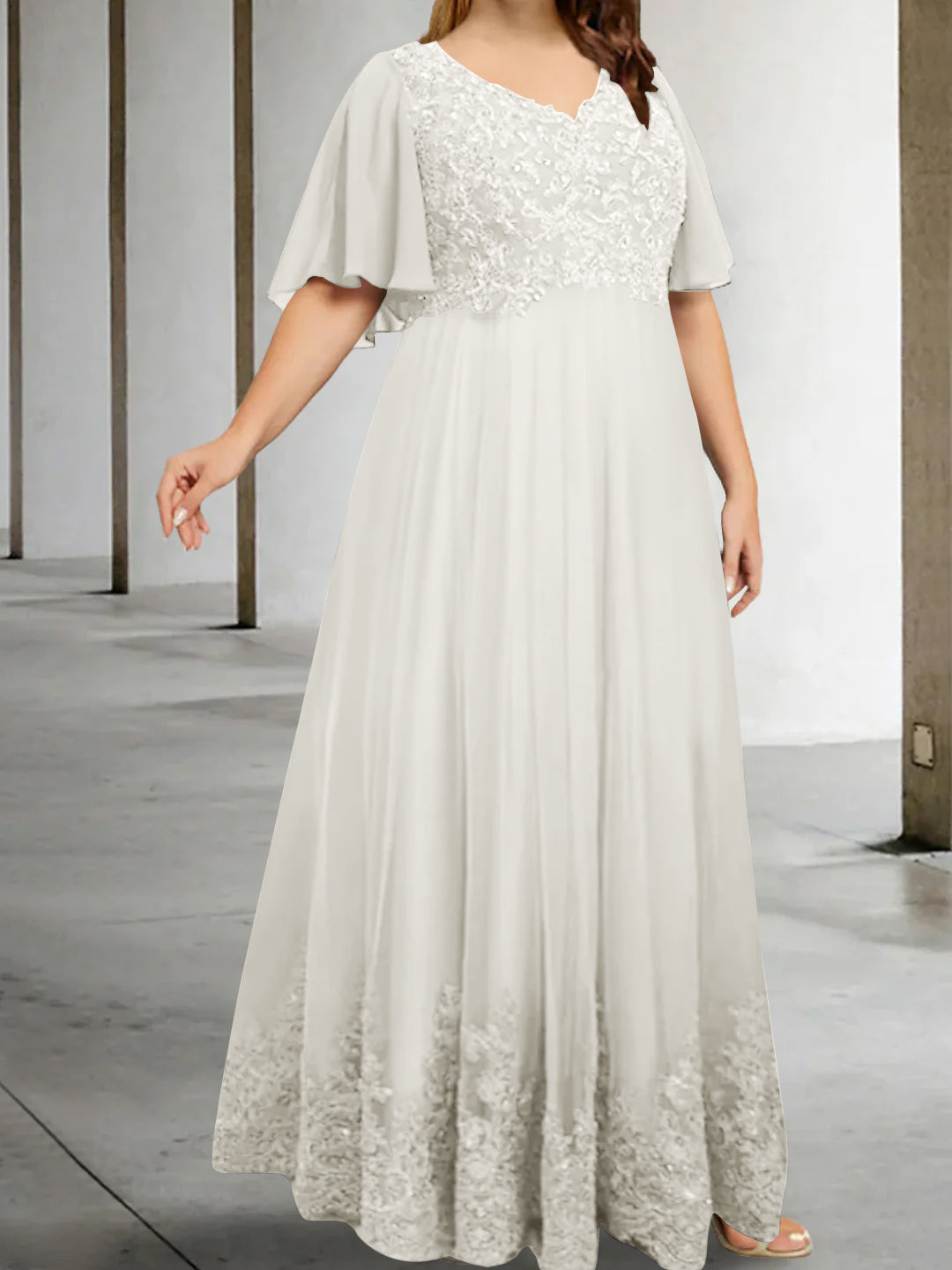 A-Line/Princess V-Neck Half Sleeves Floor-Length Plus Size Mother of the Bride Dresses with Appliques - 이미지 23