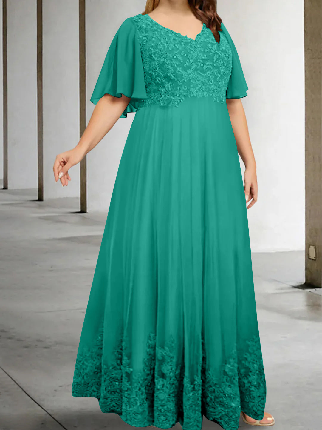 A-Line/Princess V-Neck Half Sleeves Floor-Length Plus Size Mother of the Bride Dresses with Appliques - 이미지 51
