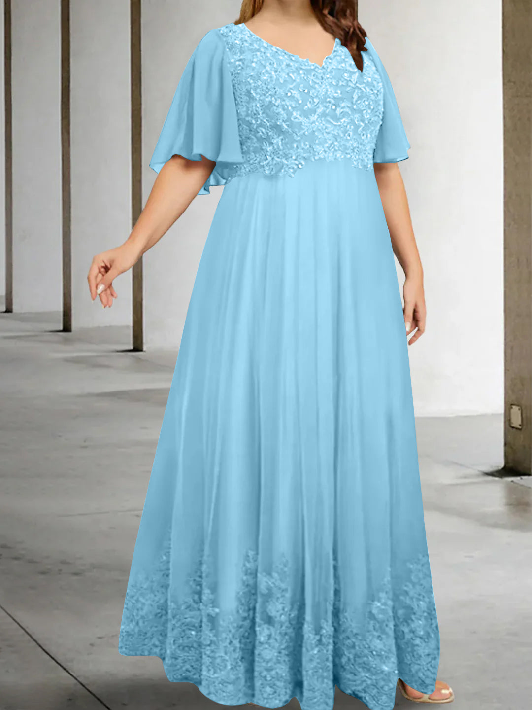 A-Line/Princess V-Neck Half Sleeves Floor-Length Plus Size Mother of the Bride Dresses with Appliques - 이미지 24
