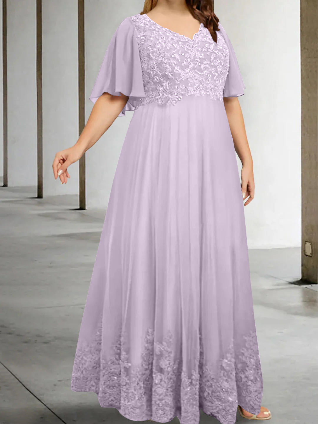 A-Line/Princess V-Neck Half Sleeves Floor-Length Plus Size Mother of the Bride Dresses with Appliques - 이미지 25