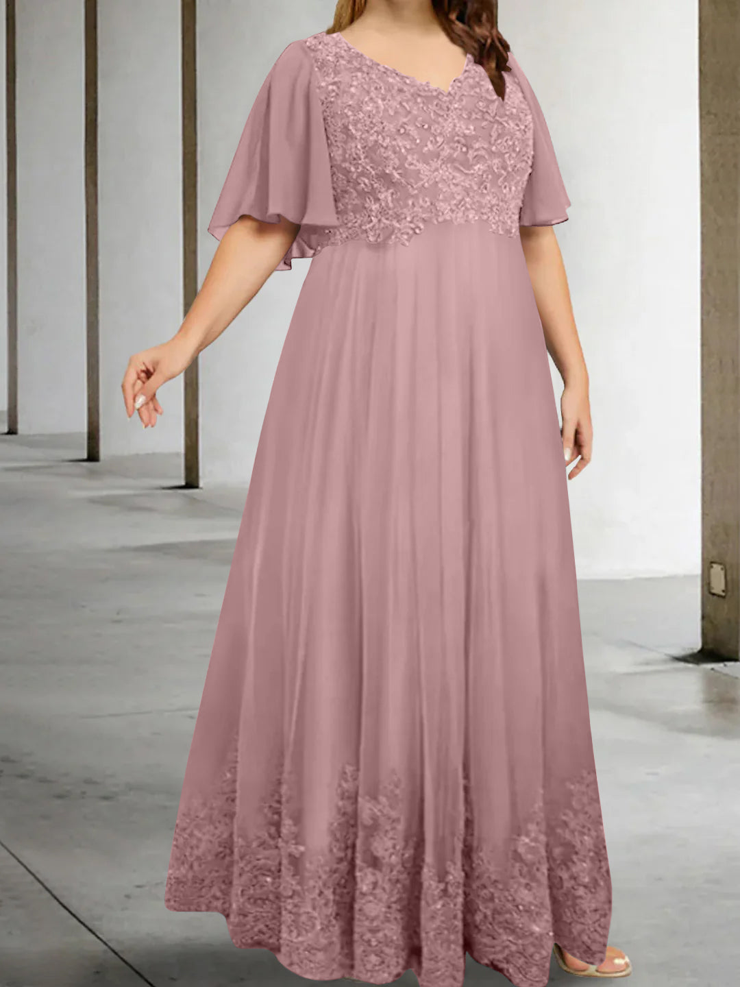 A-Line/Princess V-Neck Half Sleeves Floor-Length Plus Size Mother of the Bride Dresses with Appliques - 이미지 26