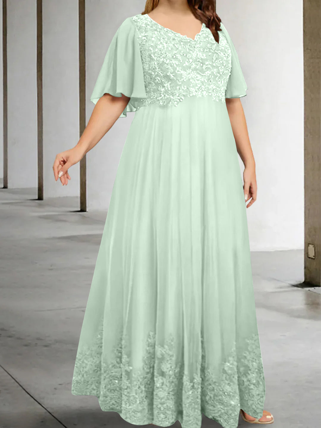 A-Line/Princess V-Neck Half Sleeves Floor-Length Plus Size Mother of the Bride Dresses with Appliques - 이미지 27