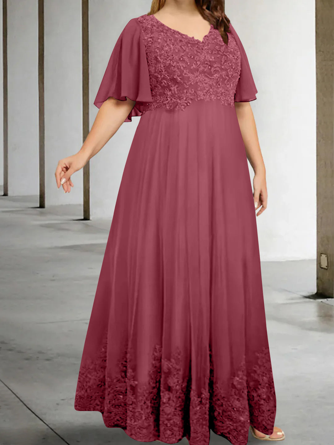 A-Line/Princess V-Neck Half Sleeves Floor-Length Plus Size Mother of the Bride Dresses with Appliques - 이미지 28
