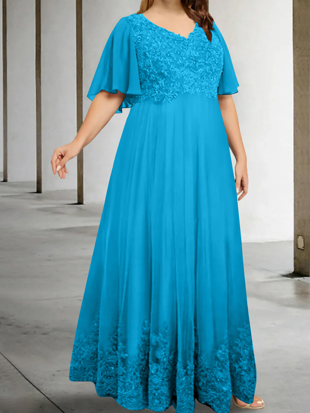 A-Line/Princess V-Neck Half Sleeves Floor-Length Plus Size Mother of the Bride Dresses with Appliques - 이미지 30