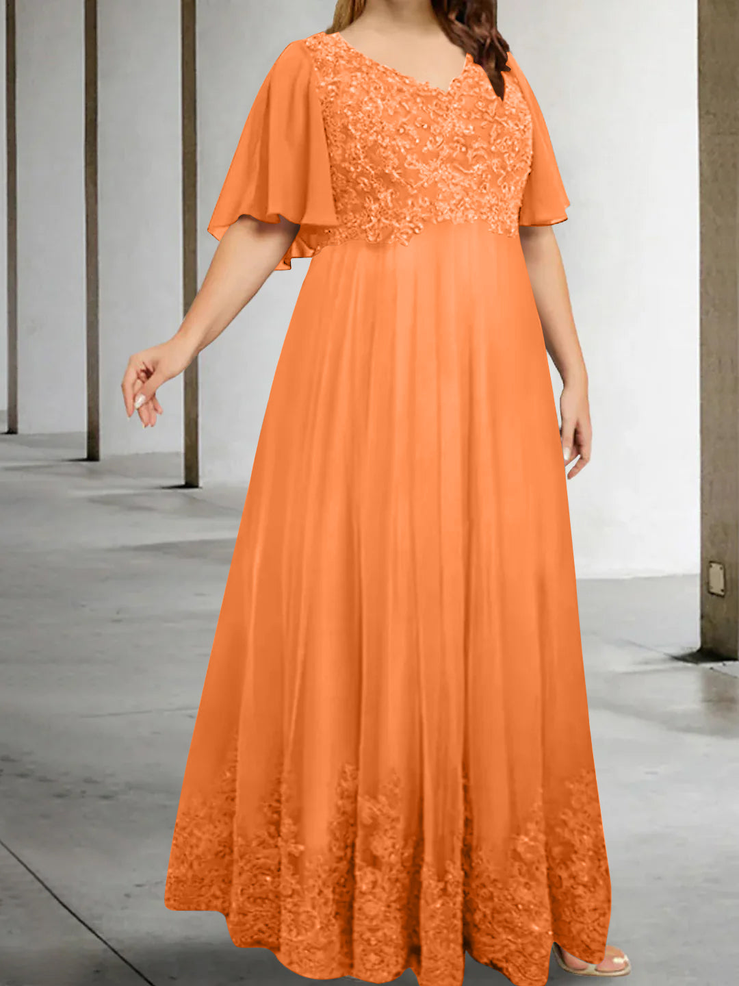 A-Line/Princess V-Neck Half Sleeves Floor-Length Plus Size Mother of the Bride Dresses with Appliques - 이미지 31
