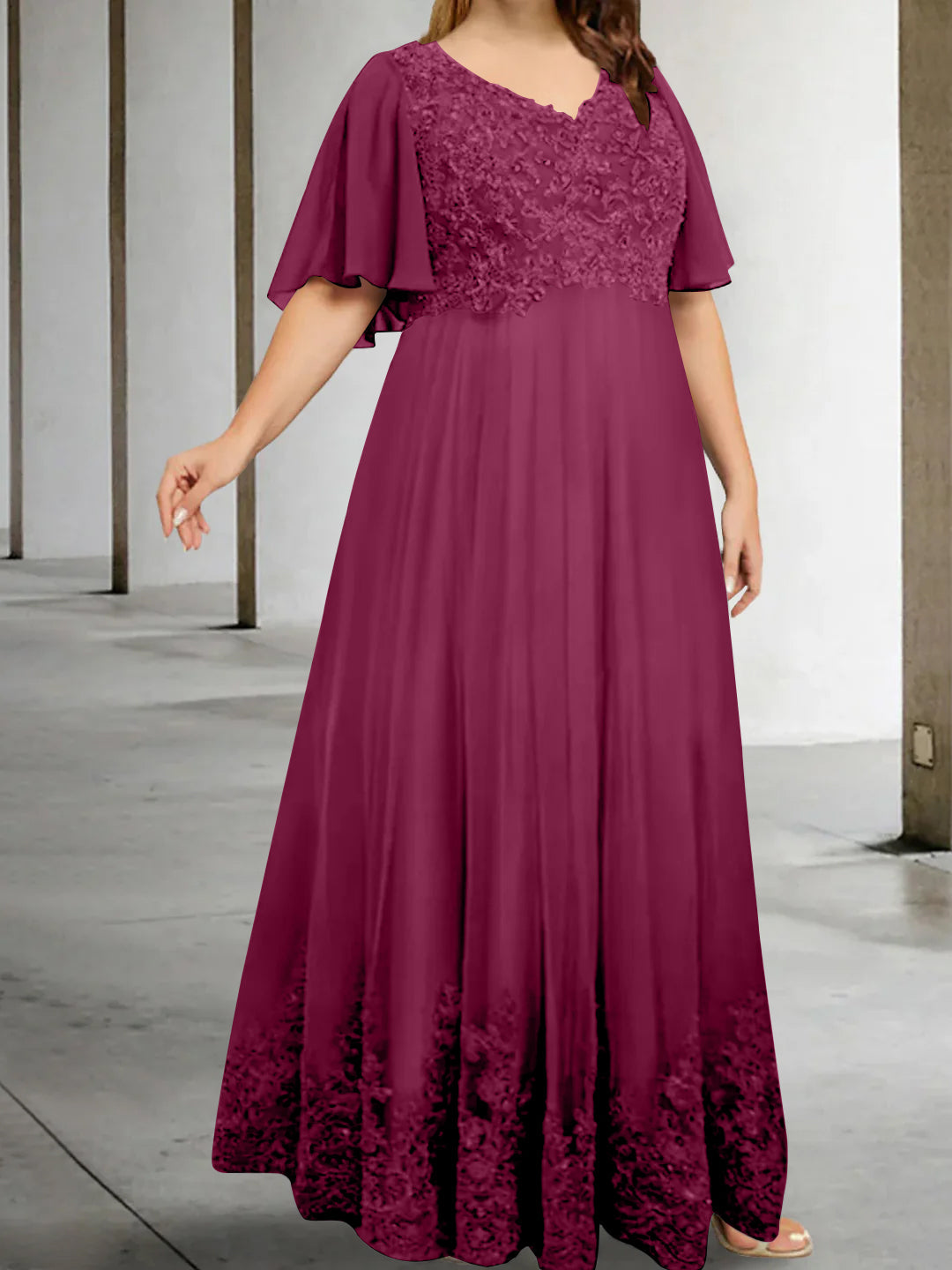 A-Line/Princess V-Neck Half Sleeves Floor-Length Plus Size Mother of the Bride Dresses with Appliques - 이미지 52