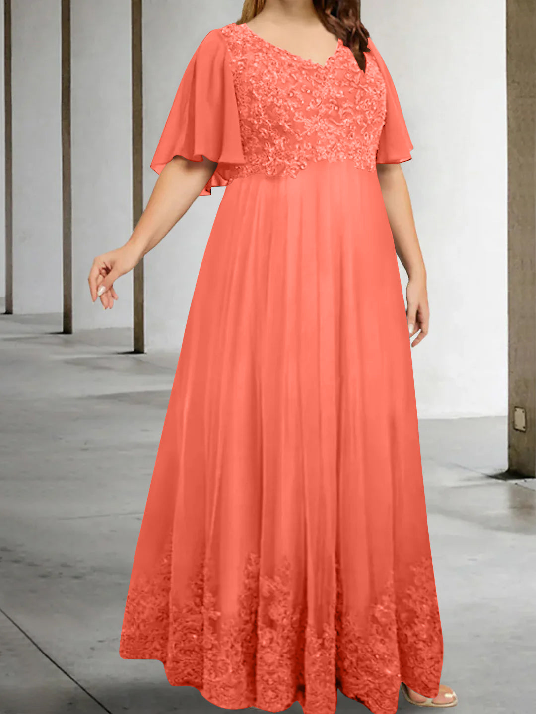 A-Line/Princess V-Neck Half Sleeves Floor-Length Plus Size Mother of the Bride Dresses with Appliques - 이미지 32
