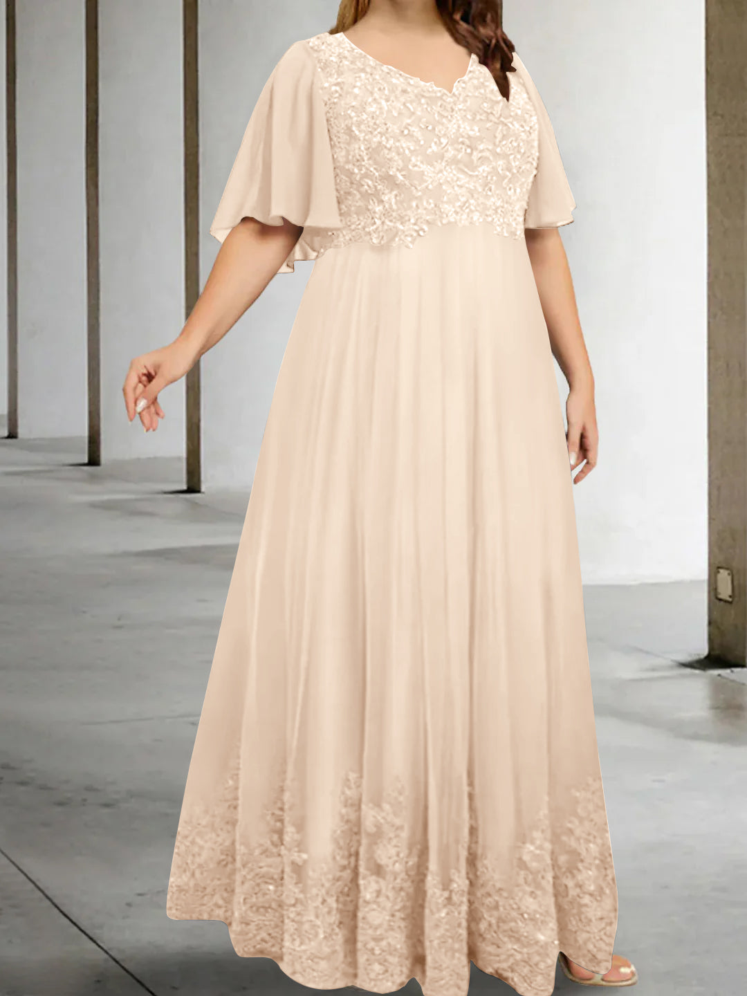 A-Line/Princess V-Neck Half Sleeves Floor-Length Plus Size Mother of the Bride Dresses with Appliques - 이미지 33