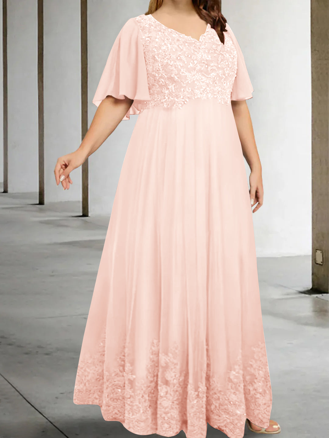 A-Line/Princess V-Neck Half Sleeves Floor-Length Plus Size Mother of the Bride Dresses with Appliques - 이미지 34
