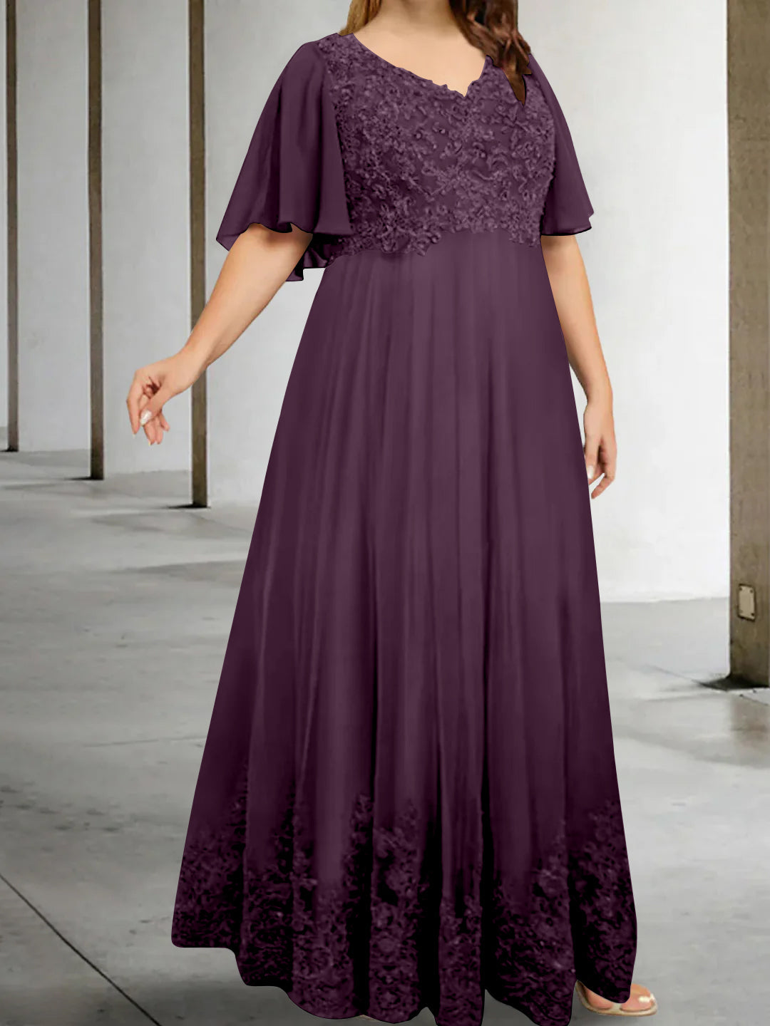 A-Line/Princess V-Neck Half Sleeves Floor-Length Plus Size Mother of the Bride Dresses with Appliques - 이미지 35