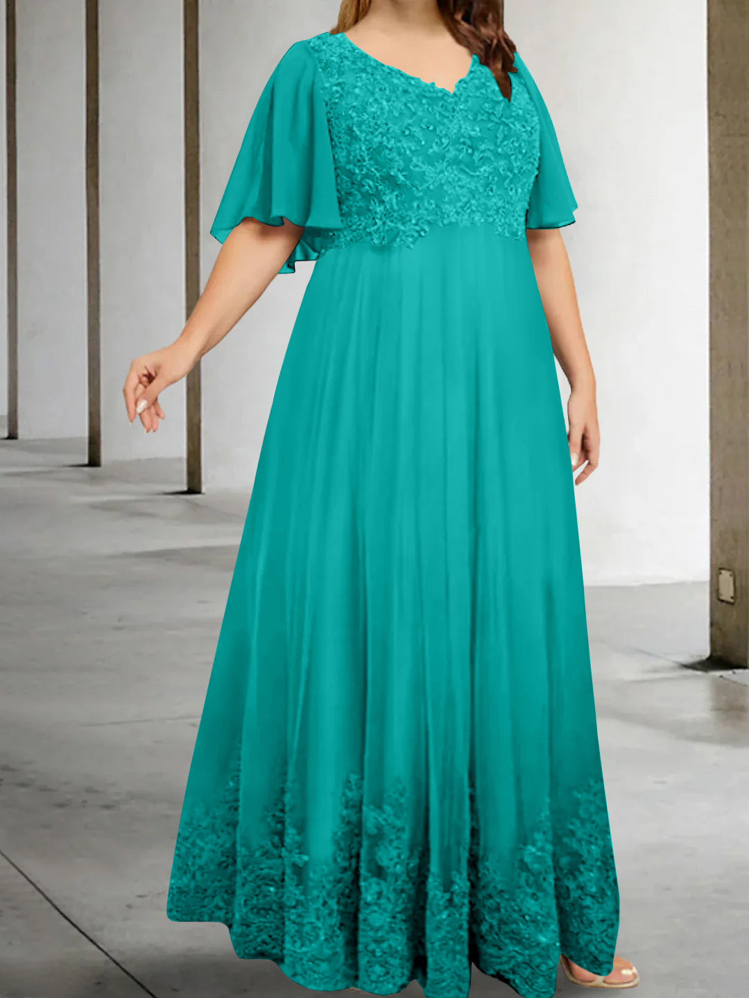 A-Line/Princess V-Neck Half Sleeves Floor-Length Plus Size Mother of the Bride Dresses with Appliques - 이미지 53