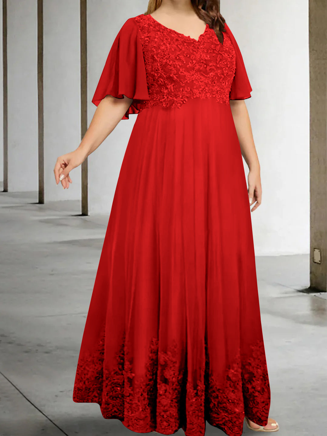 A-Line/Princess V-Neck Half Sleeves Floor-Length Plus Size Mother of the Bride Dresses with Appliques - 이미지 54