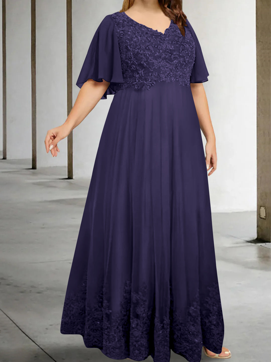 A-Line/Princess V-Neck Half Sleeves Floor-Length Plus Size Mother of the Bride Dresses with Appliques - 이미지 36