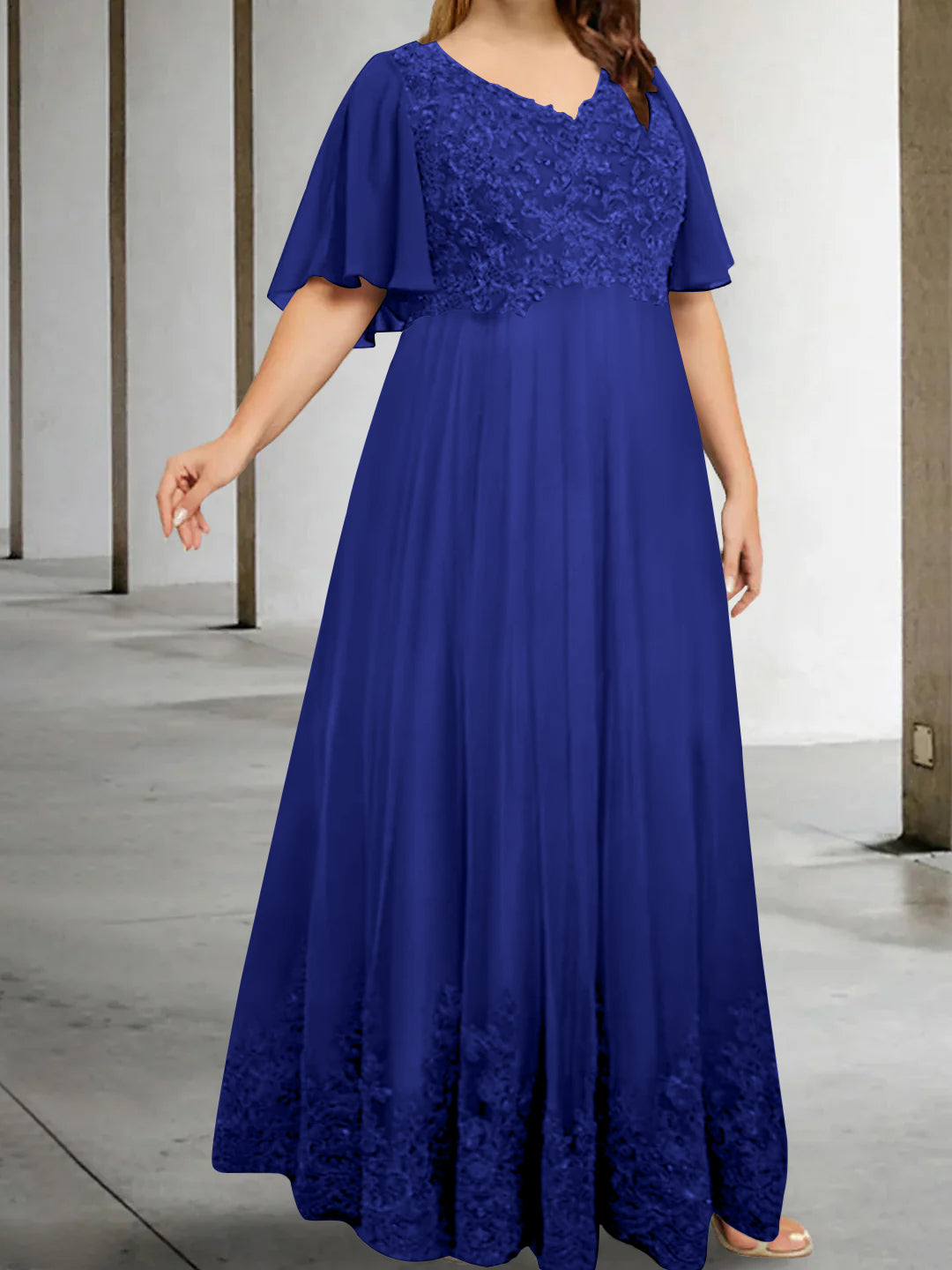 A-Line/Princess V-Neck Half Sleeves Floor-Length Plus Size Mother of the Bride Dresses with Appliques - 이미지 55