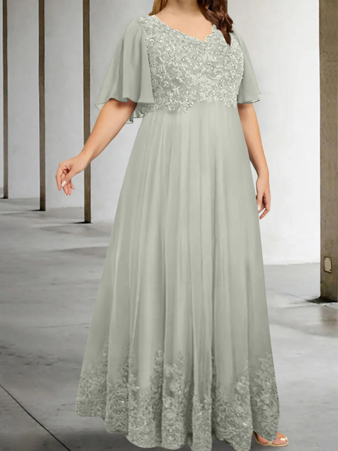 A-Line/Princess V-Neck Half Sleeves Floor-Length Plus Size Mother of the Bride Dresses with Appliques - 이미지 38