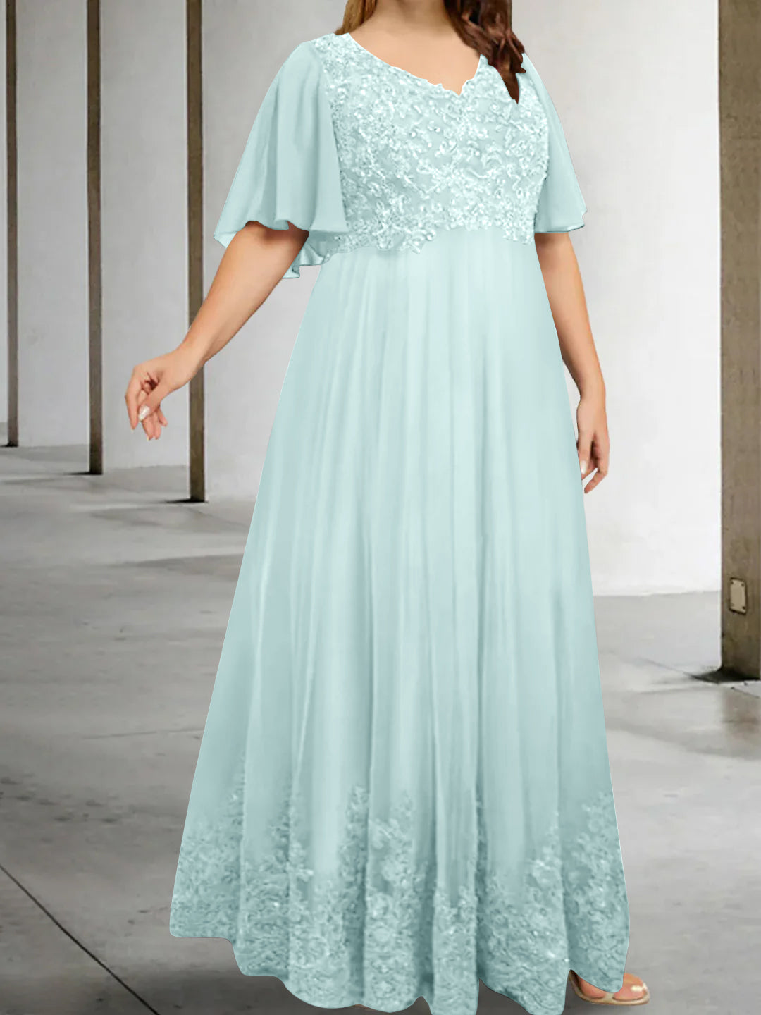 A-Line/Princess V-Neck Half Sleeves Floor-Length Plus Size Mother of the Bride Dresses with Appliques - 이미지 39
