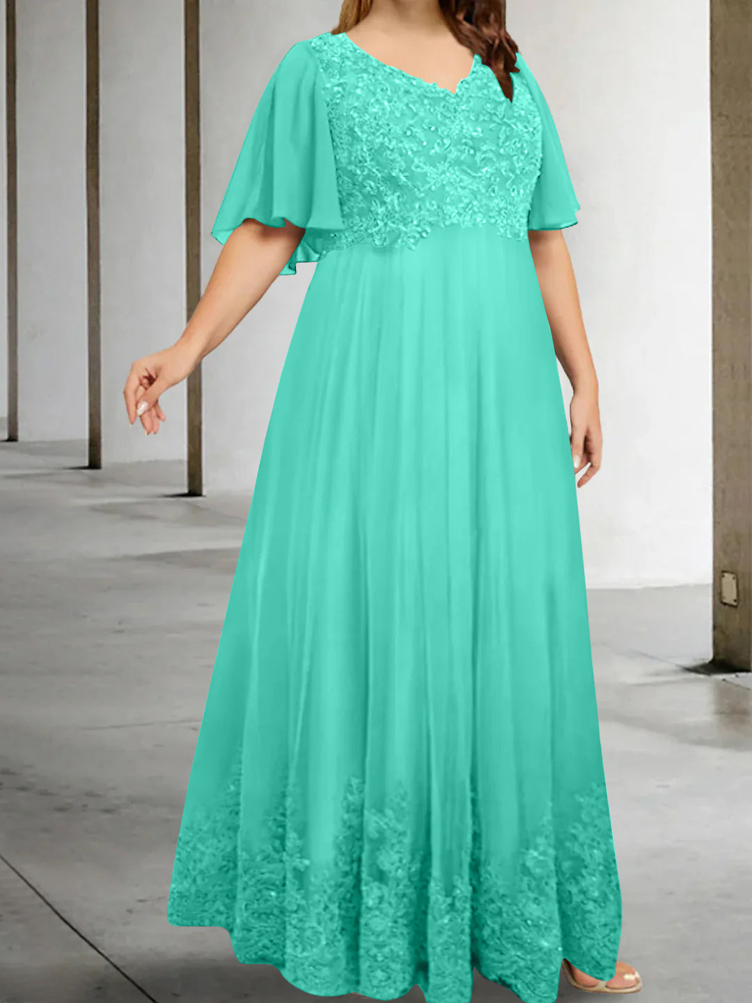A-Line/Princess V-Neck Half Sleeves Floor-Length Plus Size Mother of the Bride Dresses with Appliques - 이미지 40
