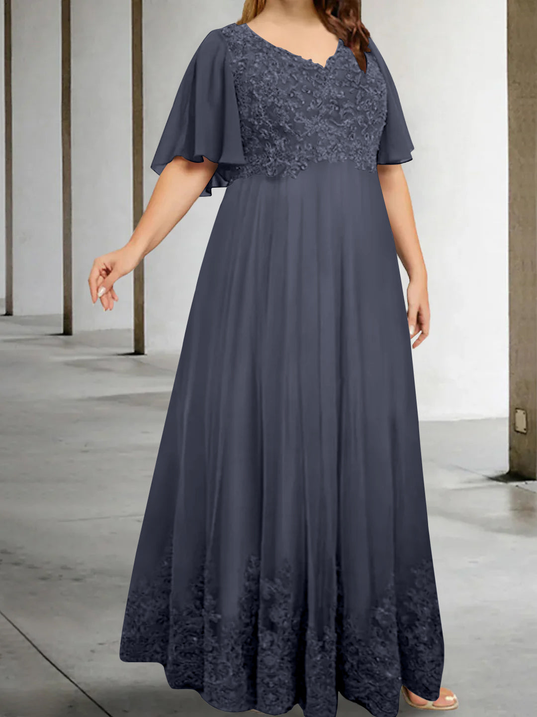 A-Line/Princess V-Neck Half Sleeves Floor-Length Plus Size Mother of the Bride Dresses with Appliques - 이미지 41