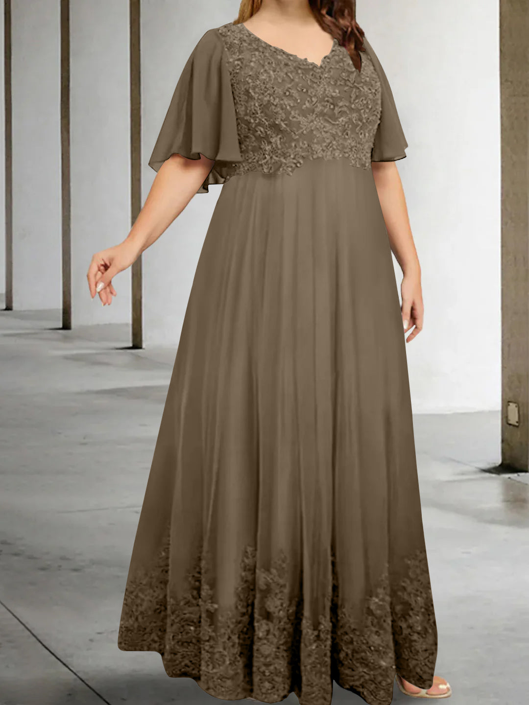 A-Line/Princess V-Neck Half Sleeves Floor-Length Plus Size Mother of the Bride Dresses with Appliques - 이미지 43