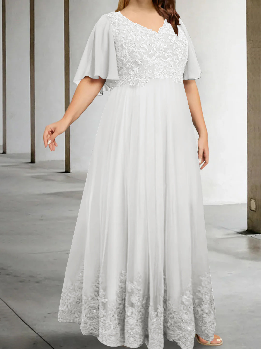 A-Line/Princess V-Neck Half Sleeves Floor-Length Plus Size Mother of the Bride Dresses with Appliques - 이미지 45