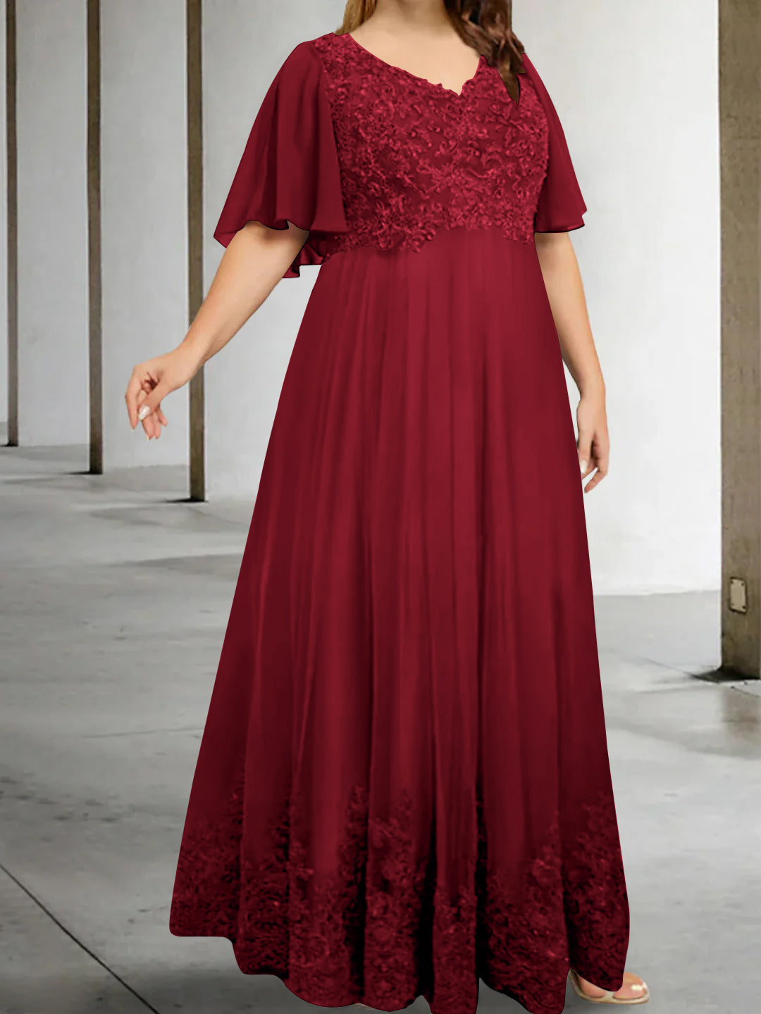 A-Line/Princess V-Neck Half Sleeves Floor-Length Plus Size Mother of the Bride Dresses with Appliques - 이미지 46