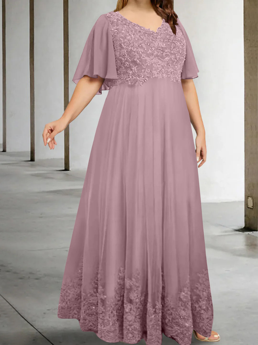 A-Line/Princess V-Neck Half Sleeves Floor-Length Plus Size Mother of the Bride Dresses with Appliques - 이미지 47