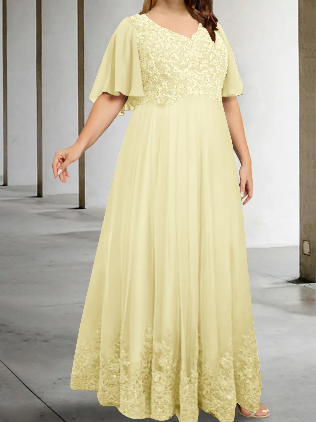 A-Line/Princess V-Neck Half Sleeves Floor-Length Plus Size Mother of the Bride Dresses with Appliques - 이미지 48