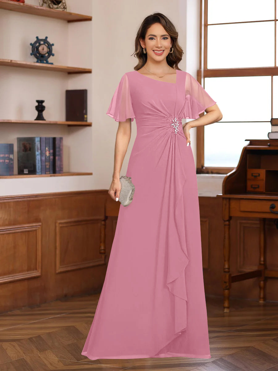 A-Line/Princess V-Neck Short Sleeves Chiffon Mother of the Bride & Groom Dresses with Appliques & Ruffles - 画像 (5)