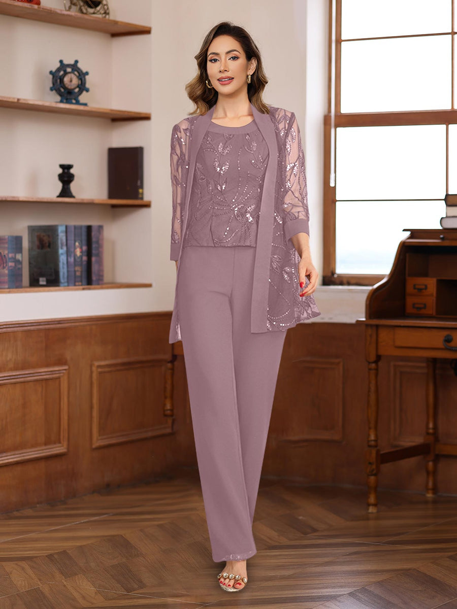 3 Pieces Chiffon Round Neck Floor-Length Mother of the Bride Pantsuits with Sequins - 이미지 52