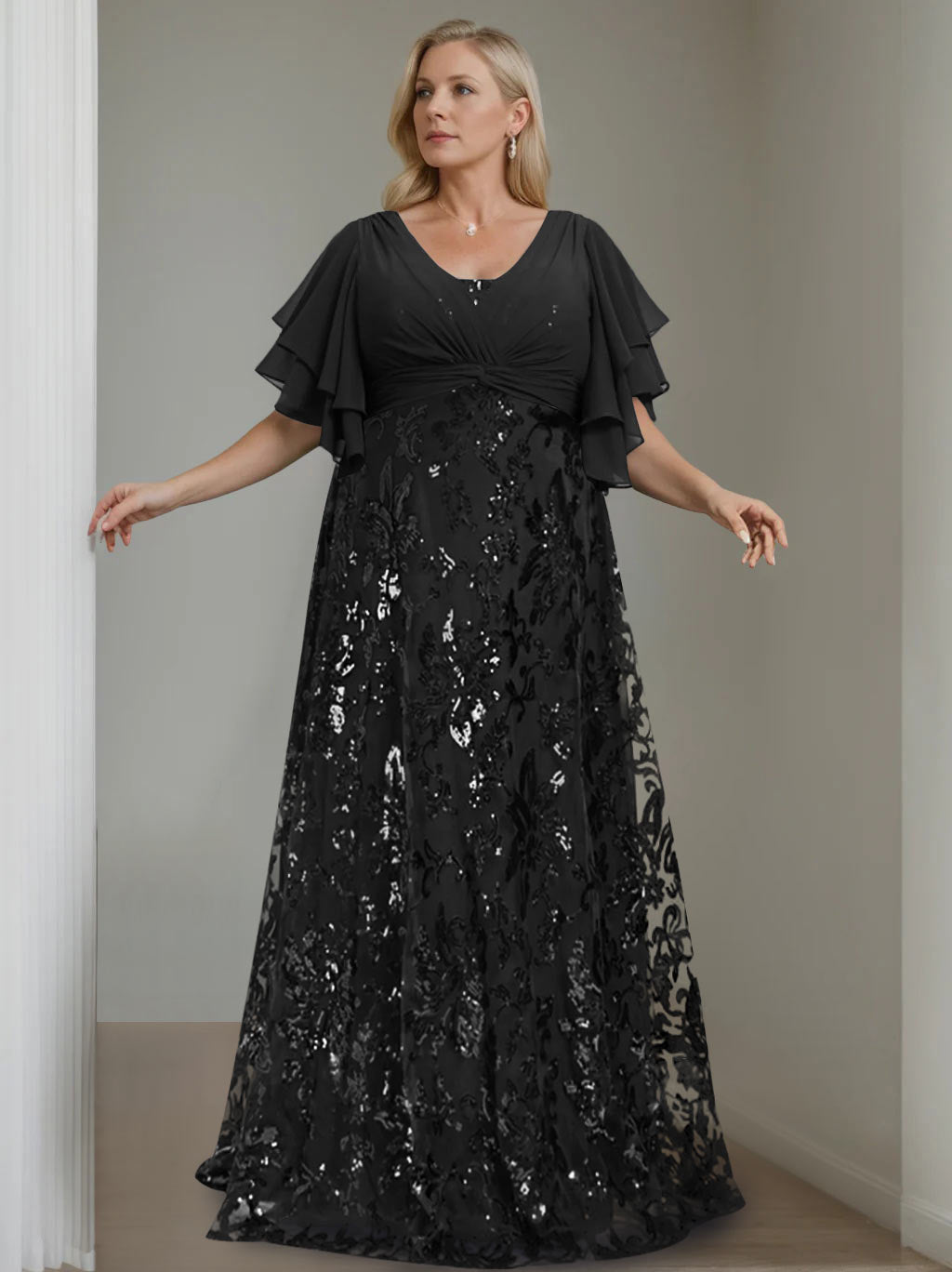 A-Line/Princess V-Neck Half Sleeves Floor-Length Plus Size Mother of the Bride Dresses with Sequins - 이미지 3