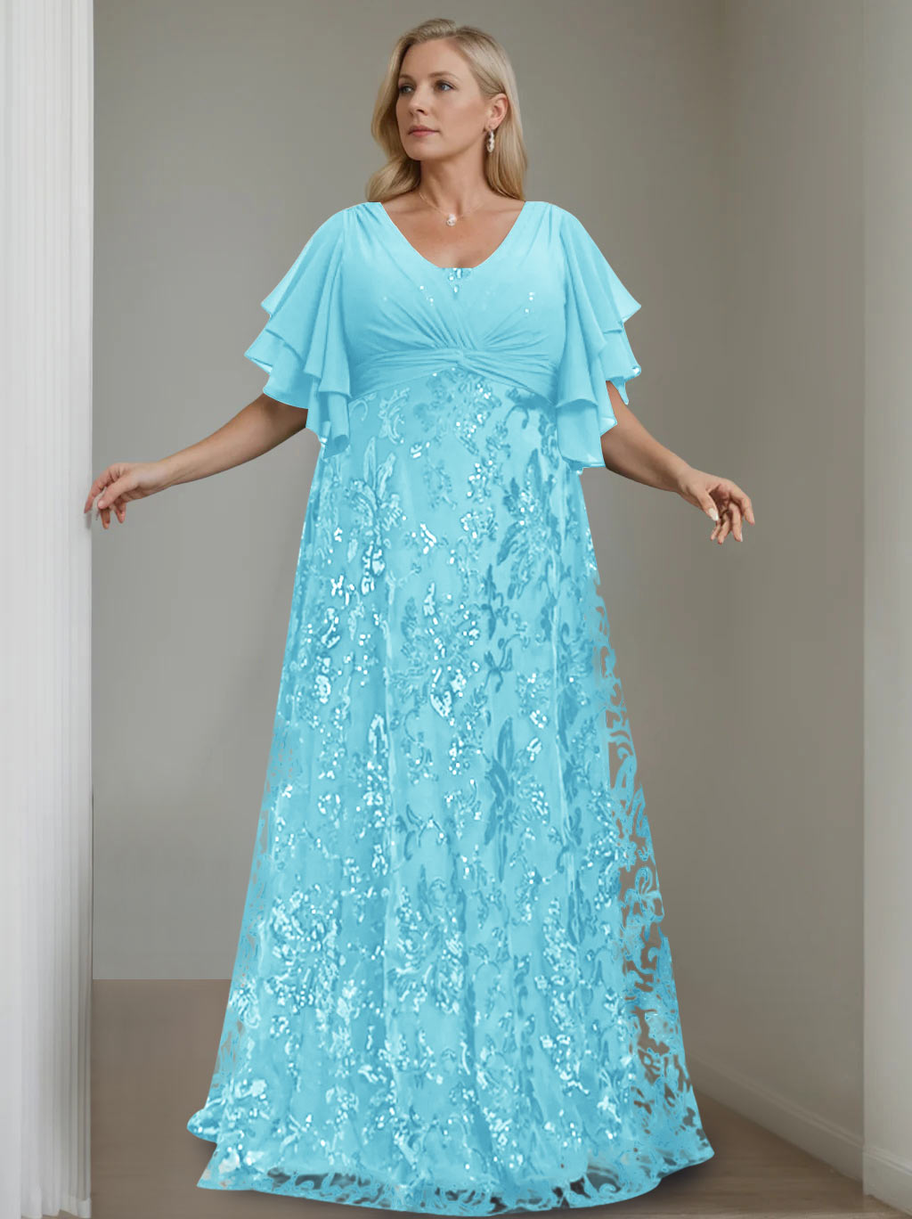 A-Line/Princess V-Neck Half Sleeves Floor-Length Plus Size Mother of the Bride Dresses with Sequins - 이미지 4