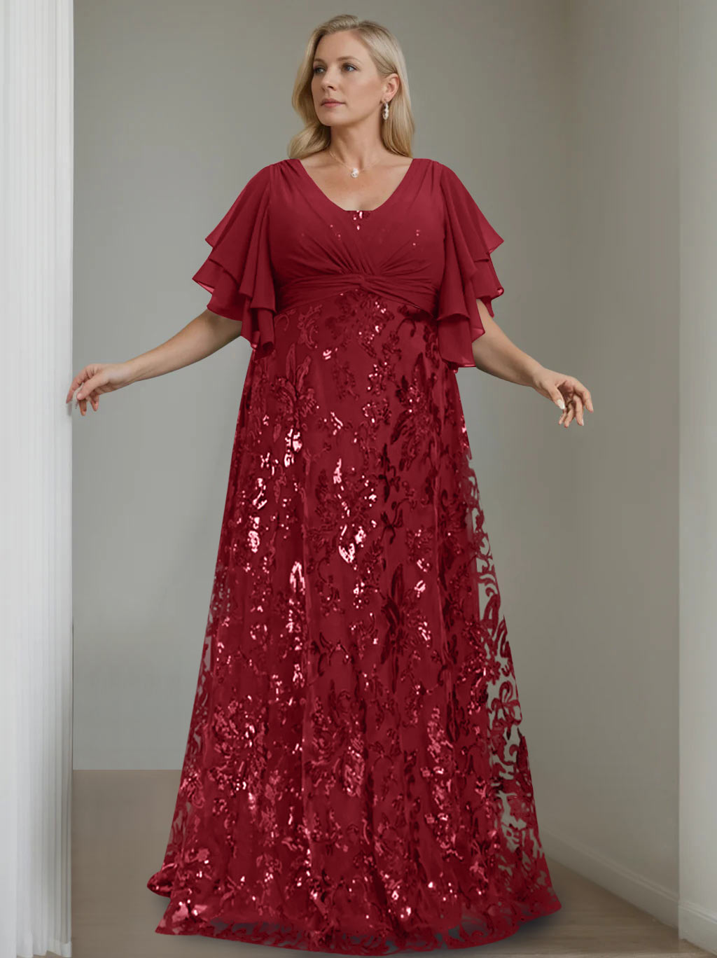 A-Line/Princess V-Neck Half Sleeves Floor-Length Plus Size Mother of the Bride Dresses with Sequins - 이미지 5