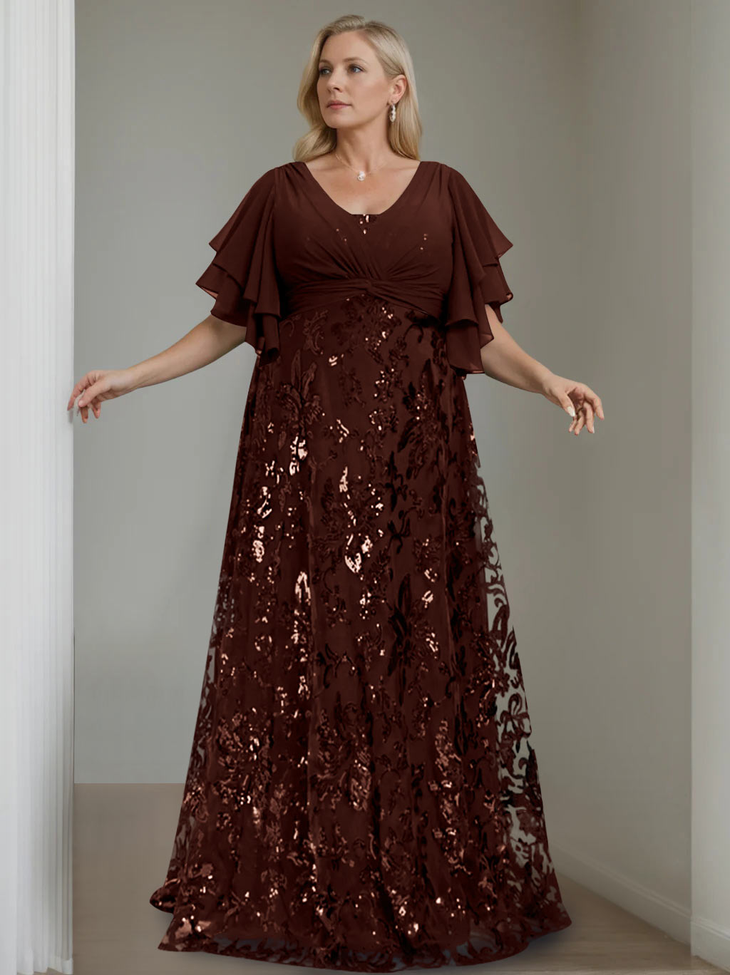 A-Line/Princess V-Neck Half Sleeves Floor-Length Plus Size Mother of the Bride Dresses with Sequins - 이미지 6
