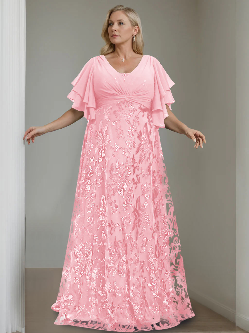 A-Line/Princess V-Neck Half Sleeves Floor-Length Plus Size Mother of the Bride Dresses with Sequins - 이미지 7