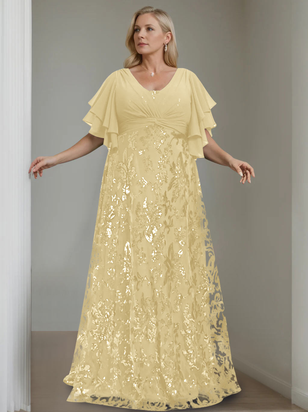 A-Line/Princess V-Neck Half Sleeves Floor-Length Plus Size Mother of the Bride Dresses with Sequins - 이미지 9