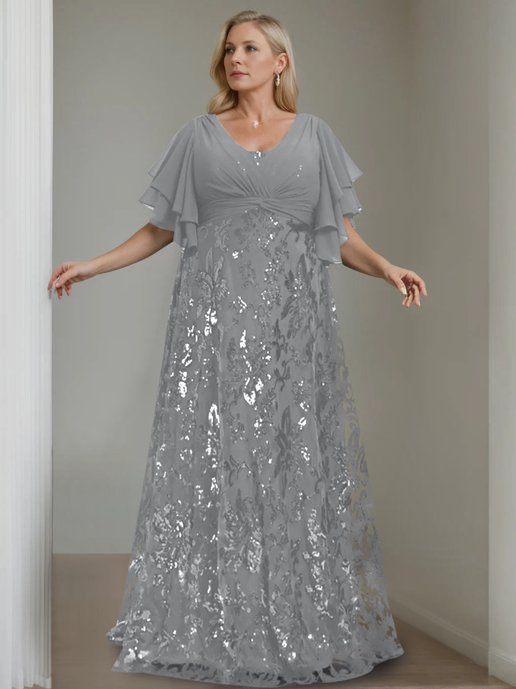 A-Line/Princess V-Neck Half Sleeves Floor-Length Plus Size Mother of the Bride Dresses with Sequins - 이미지 10