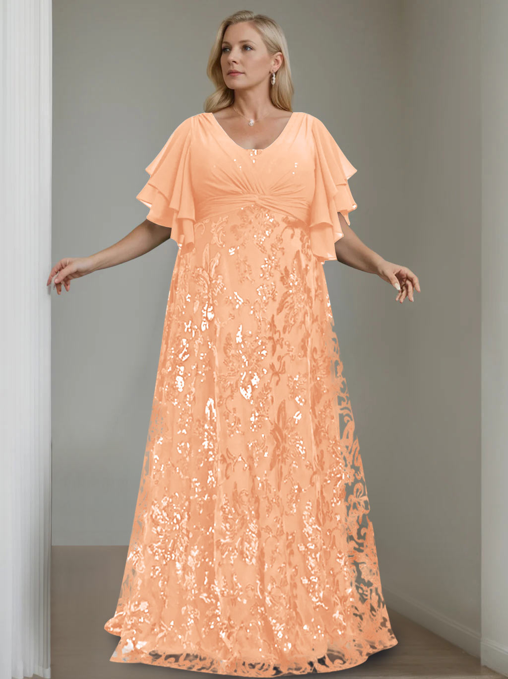 A-Line/Princess V-Neck Half Sleeves Floor-Length Plus Size Mother of the Bride Dresses with Sequins - 이미지 12