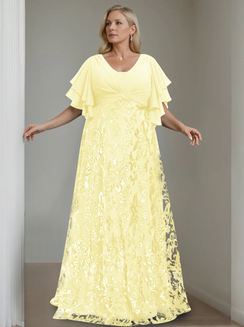A-Line/Princess V-Neck Half Sleeves Floor-Length Plus Size Mother of the Bride Dresses with Sequins - 이미지 13