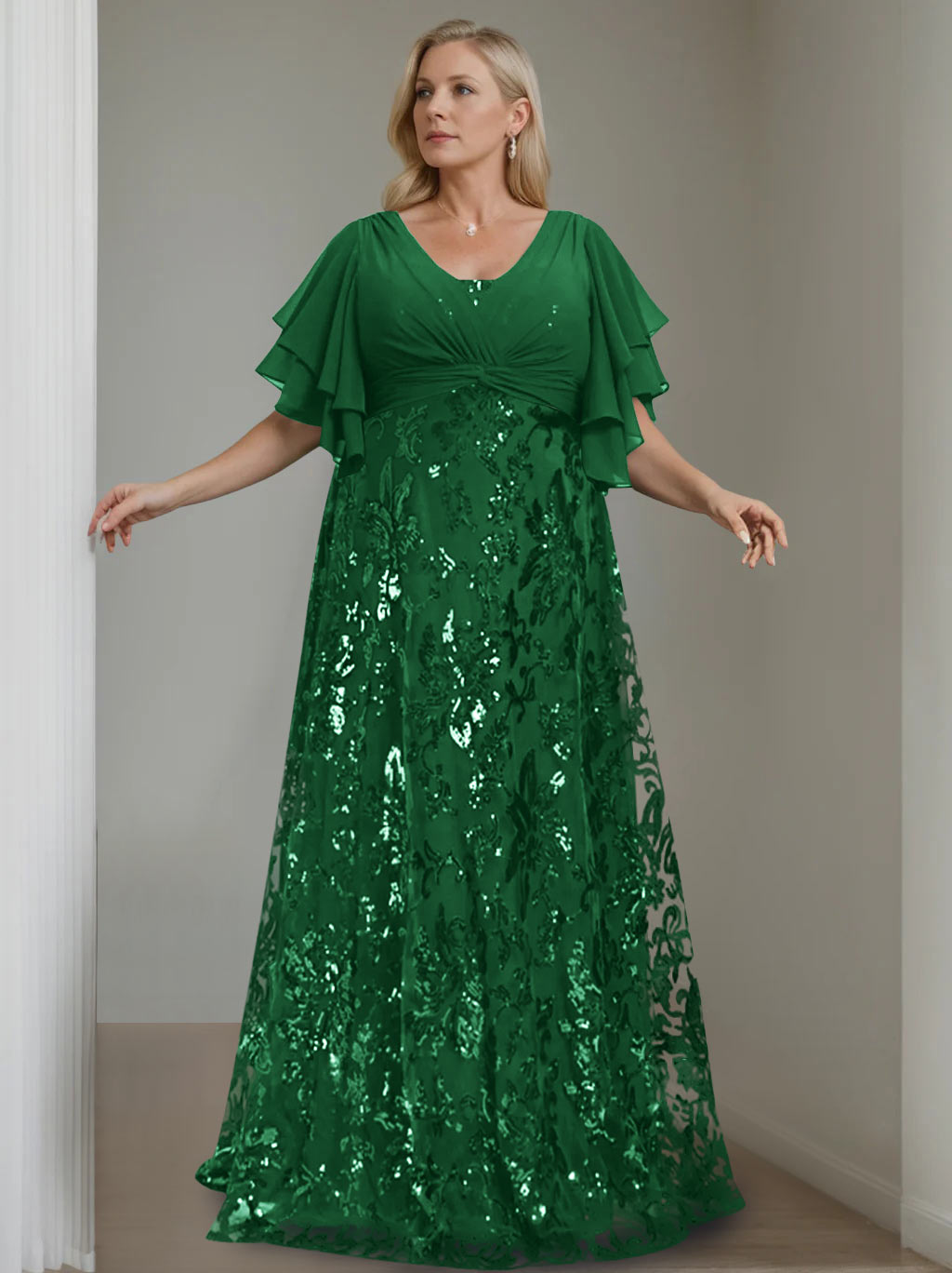 A-Line/Princess V-Neck Half Sleeves Floor-Length Plus Size Mother of the Bride Dresses with Sequins - 이미지 14
