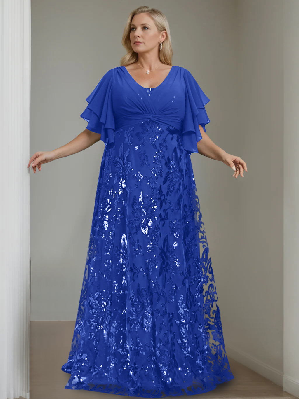 A-Line/Princess V-Neck Half Sleeves Floor-Length Plus Size Mother of the Bride Dresses with Sequins - 이미지 15