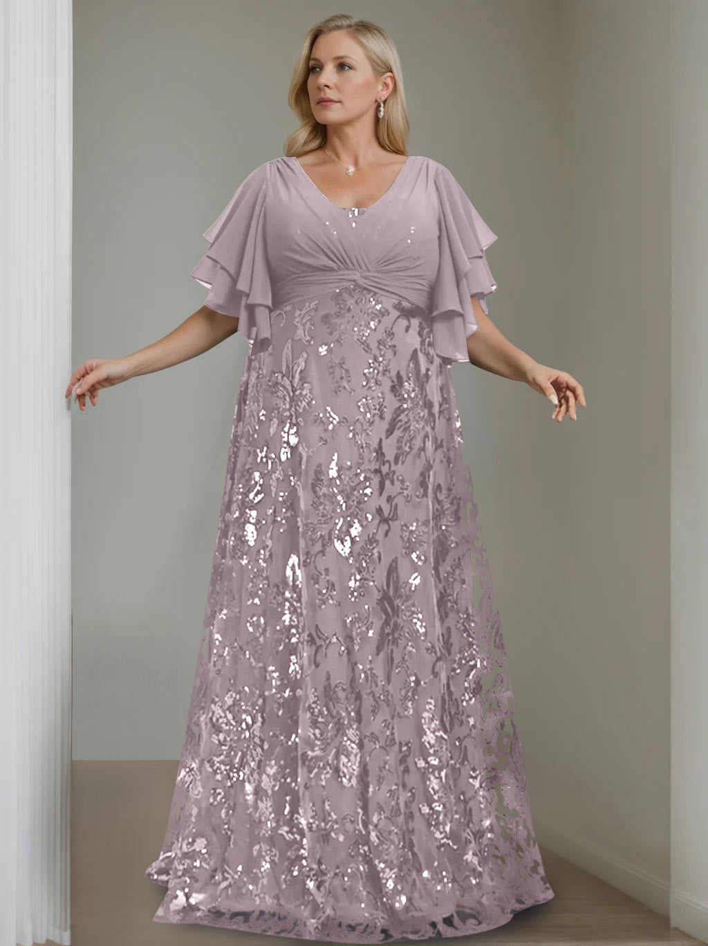 A-Line/Princess V-Neck Half Sleeves Floor-Length Plus Size Mother of the Bride Dresses with Sequins - 이미지 16