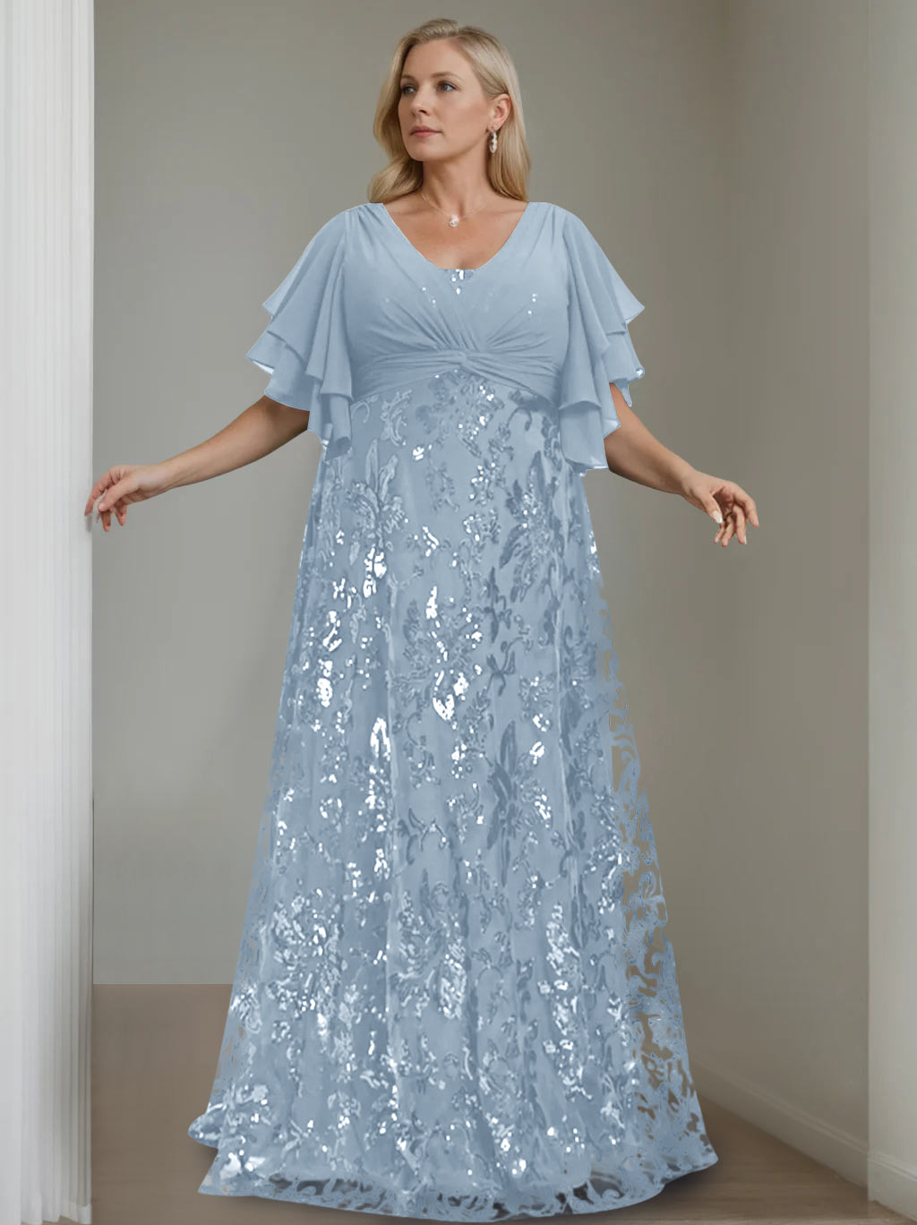 A-Line/Princess V-Neck Half Sleeves Floor-Length Plus Size Mother of the Bride Dresses with Sequins - 이미지 17